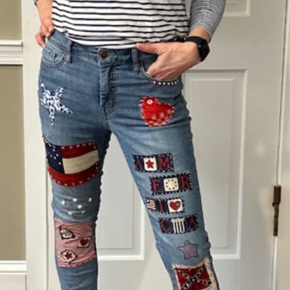 July 4th Special !!! Jessica Simpson Sz 6 Stretch Patchwrk OOAK Patriotic Jeans - Picture 4 of 8